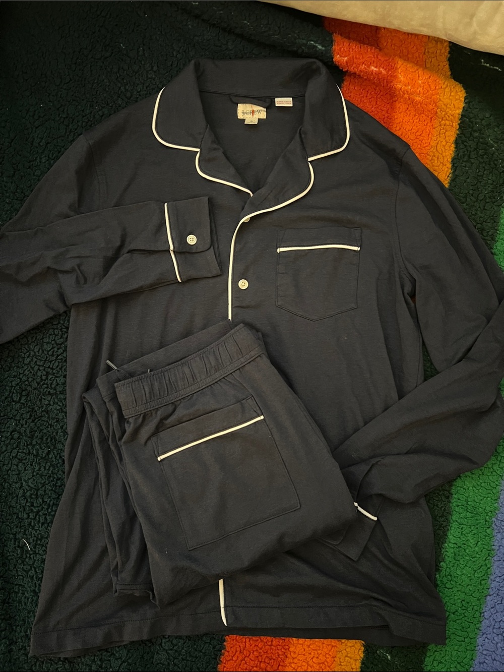 J. Crew Navy Pajama Set with Cream Piping - New Without Tags